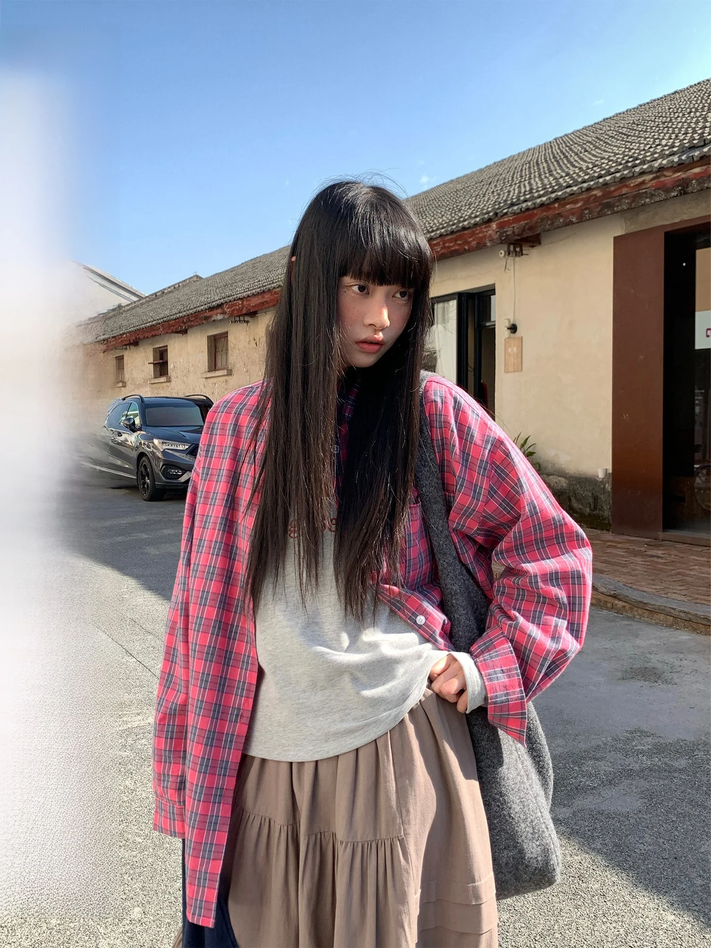 

COK Spring 2026 Loose Fit 00% Cotton Plaid irt Jaet Women's Korean Sle Early Spring New Arrival Breathable Long Sve