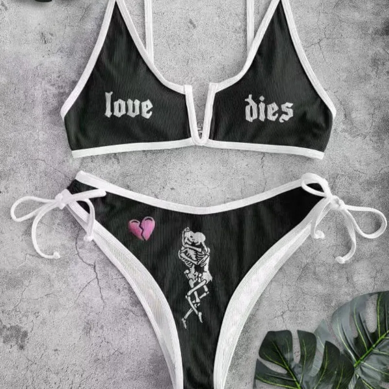 New Skull Letter Print Bikini Set Sexy Striped Low Waist Two Piece Swimsuit Women Summer Beach Bathing Suit Swimwear