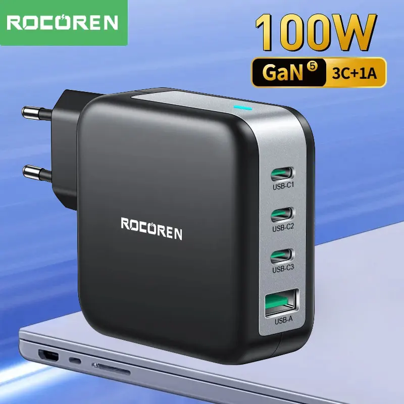 Rocoren GaN PD 100W QC 4.0 3.0 Fast Charger USB Type C Quick Charging Desktop Charge For iPhone 15 14 Plus Pro Max iPad Macbook