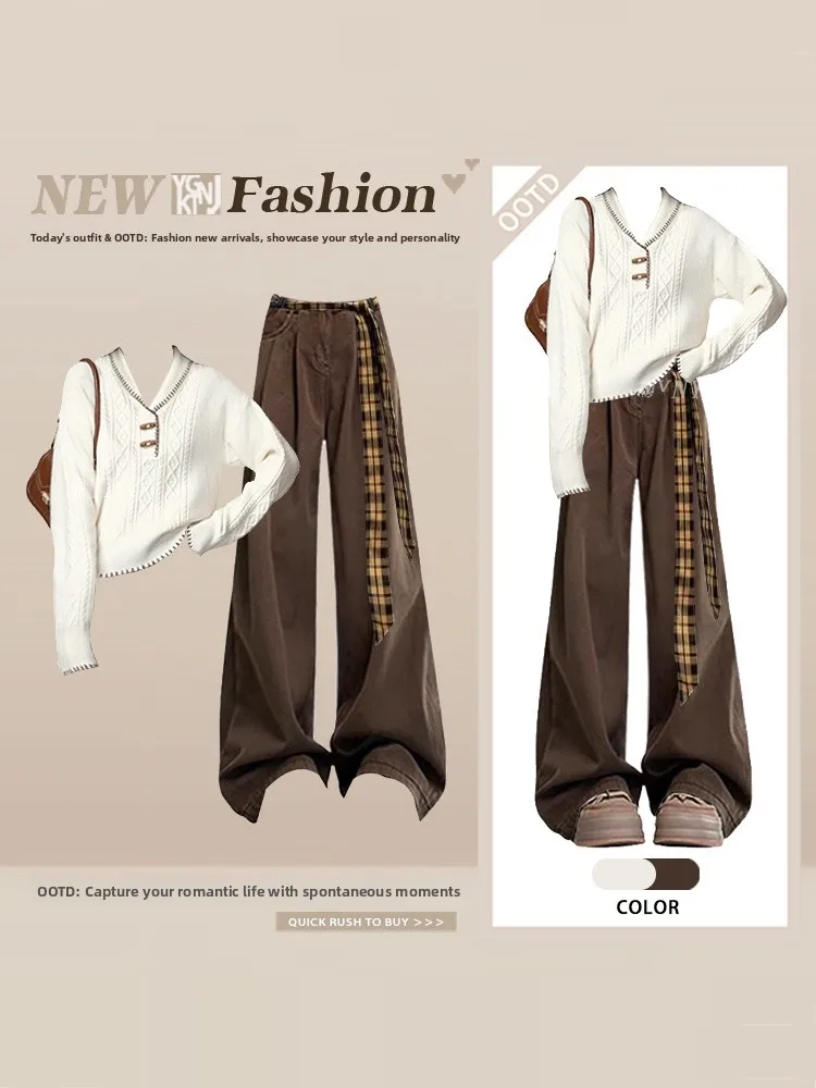 

Retro Knitted Sweater And Wide Leg Pants Two Piece Set Coffee Color Women's Fashionable Winter Commuting Outfit High Waist Tr...