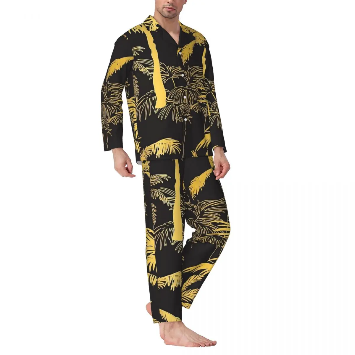 Pyjama imprimé palmiers dorés pour homme, vêtement de nuit tendance, loisirs, printemps, 2 pièces, décontracté, ample, surdimensionné, motif, ensemble pyjama