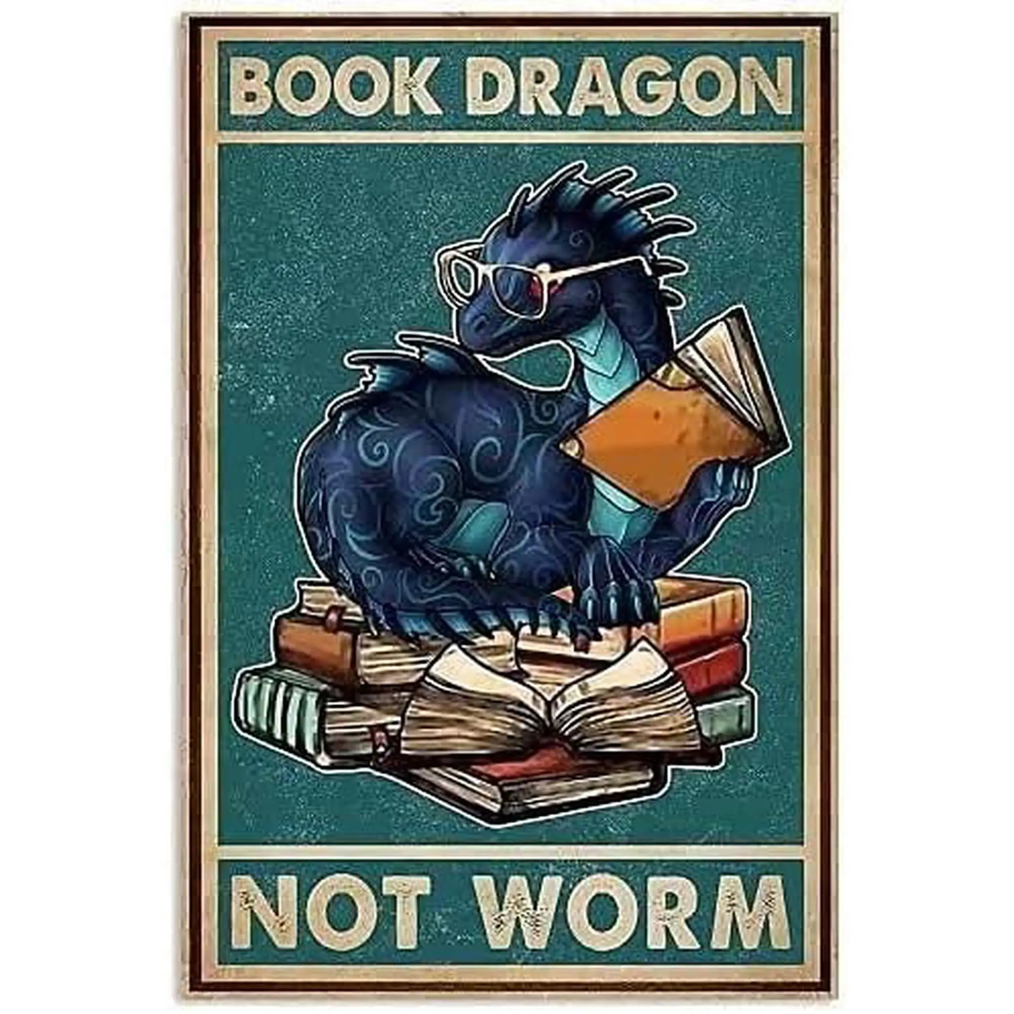 1pc Book Dragon Humorous Style 8×12 Inches Aluminum Sign for Home Office Decor Ideal for Book Lovers & Decor Enthusiasts
