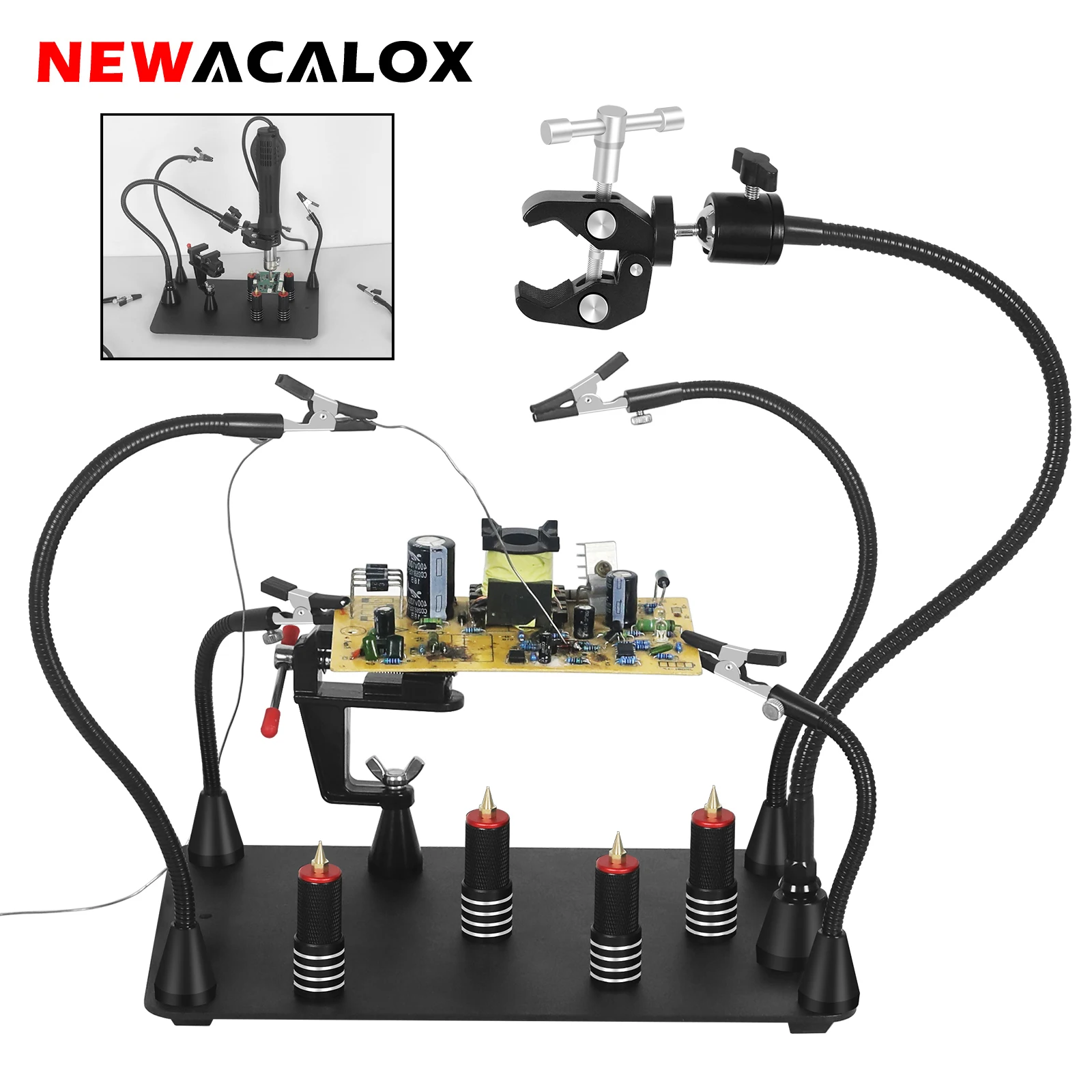 

NEWACALOX Magnetic Base Flexible Welding Third Hand Heat Gun Holder PCB Repair Clip Heavy Duty Soldering Maintenance Workbench