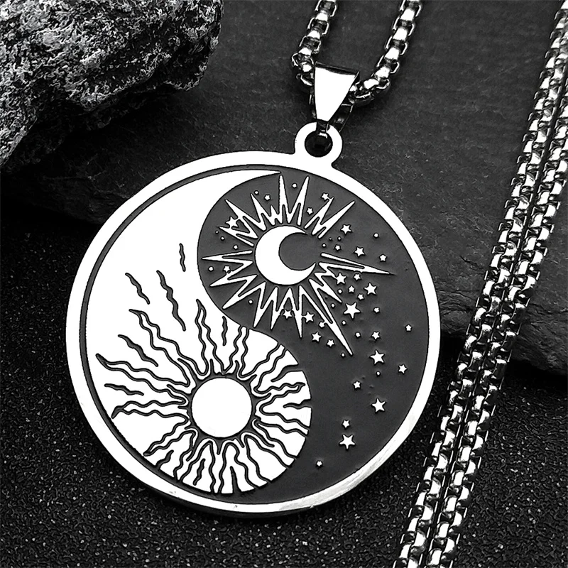 Stainless Steel Yin Yang Tai Chi Gossip Sun Moon Necklaces Chain for Women/Men Silver Color Necklaces Jewelry chaine collier