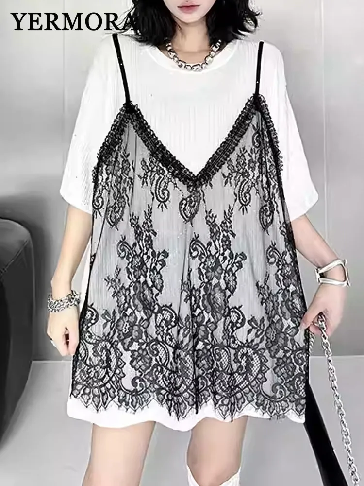 

YERMORA White Spliced Lace Casual Long T-shirt For Women Round Neck Short Sleeve Loose Dress Fashion Tide Spring Summer 2025