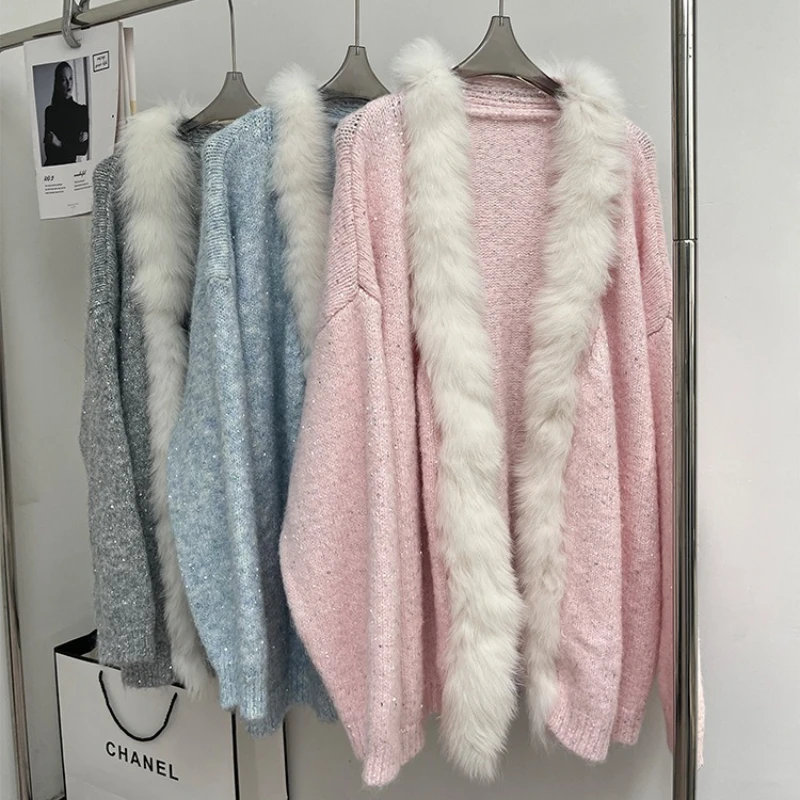 

Весенне-осенний женский кардиган, вязаная куртка из натурального лисьего меха с воротником из лисьего меха, длинными рукавами, роскошный свободный свитер, женское пальто