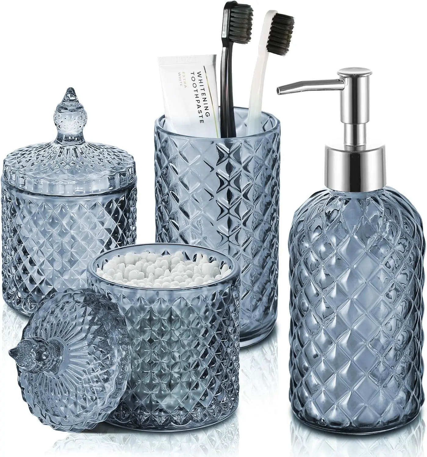 

4-Piece Diamond Pattern Blue Glass Bathroom Set: Soap Dispenser, Toothbrush Holder, Q-Tip & Cotton Ball Jars