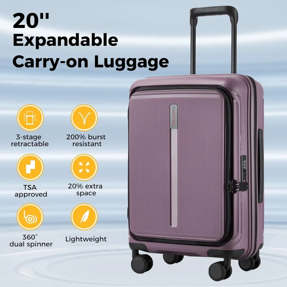 Front-Opening Expandable Hardshell Spinner Carry-On Suitcase, 22x14x9, Airline Approved, TSA Lock, Wheeled Luggage for Travel