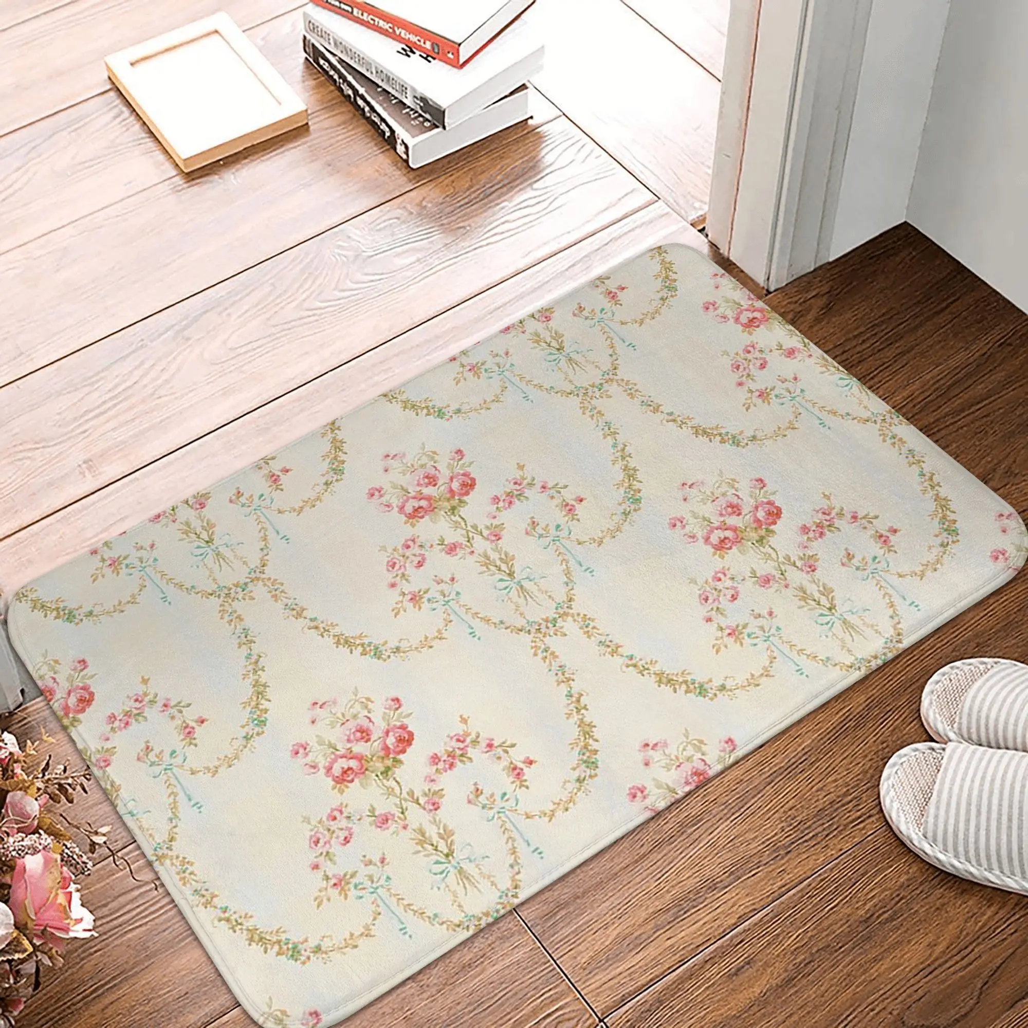 

Винтажные французские цветочные обои в стиле рококо с розами, лентами и бантами, противоскользящий коврик для двери, напольный коврик, коврики для ног в ванную комнату