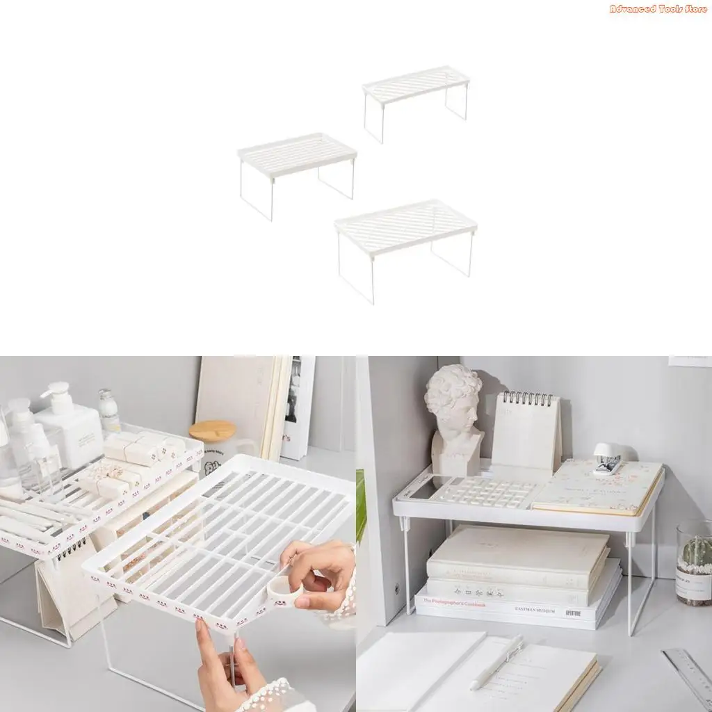 

White Wire Desk Countertops Storage Holder ShelfStacking Cabinet Shelf Stackable Foldable Space Saving Shelf Stand Rack W91B