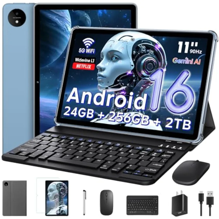 

11 Inch Tablet Android 16 with Keyboard 24GB RAM + 256GB ROM 2TB Expand T7250 Octa-Core 1920x1200 IPS FHD Display 16MP+8MP Dual