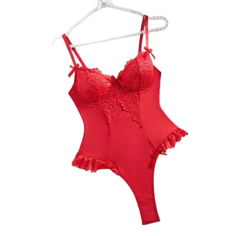 

Red Sexy Thin Lace Bodysuit Waist Cinch Sling For Women Female Ladies Charming Alluring Attractive Appealing Erotic Lingerie Set