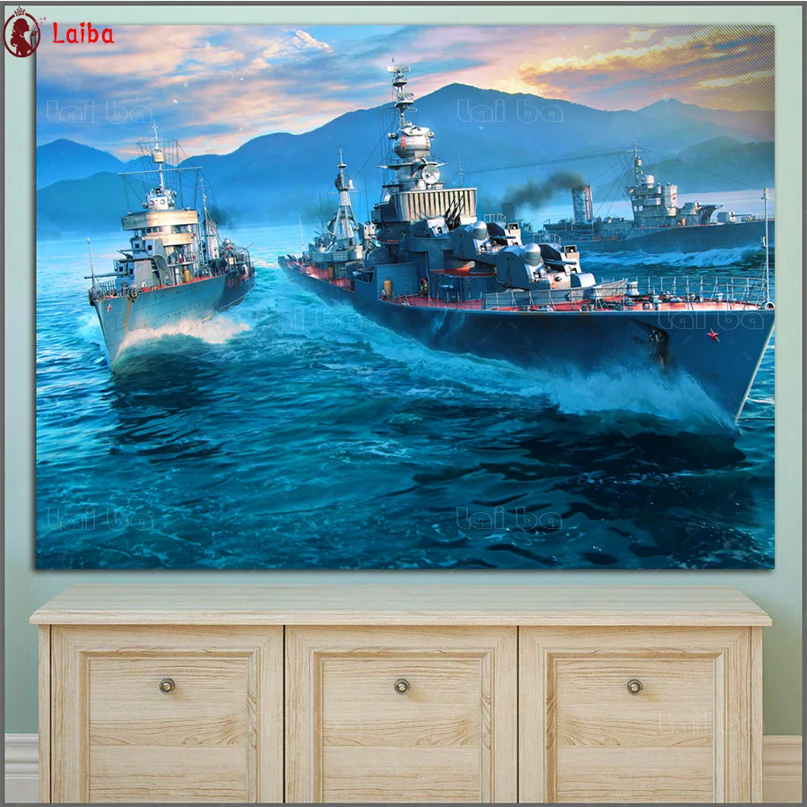 Painting DIY Diamond Painting  diamond large size  World Of Warship Ships Destroyers Art Home Decor Embroidery 5d mosaic