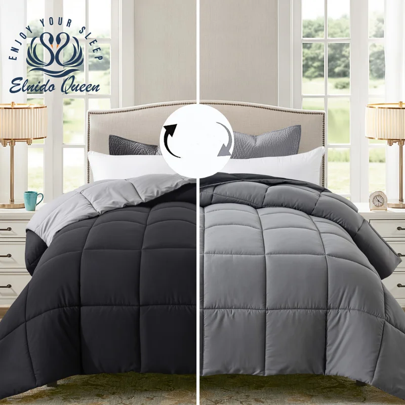 ELNIDO QUEEN® All-Season Quilt，Queen Size，With Duvet Insert，down Substitute，Corner Label，Navy Black/Gray，Suitable for Hospitals/