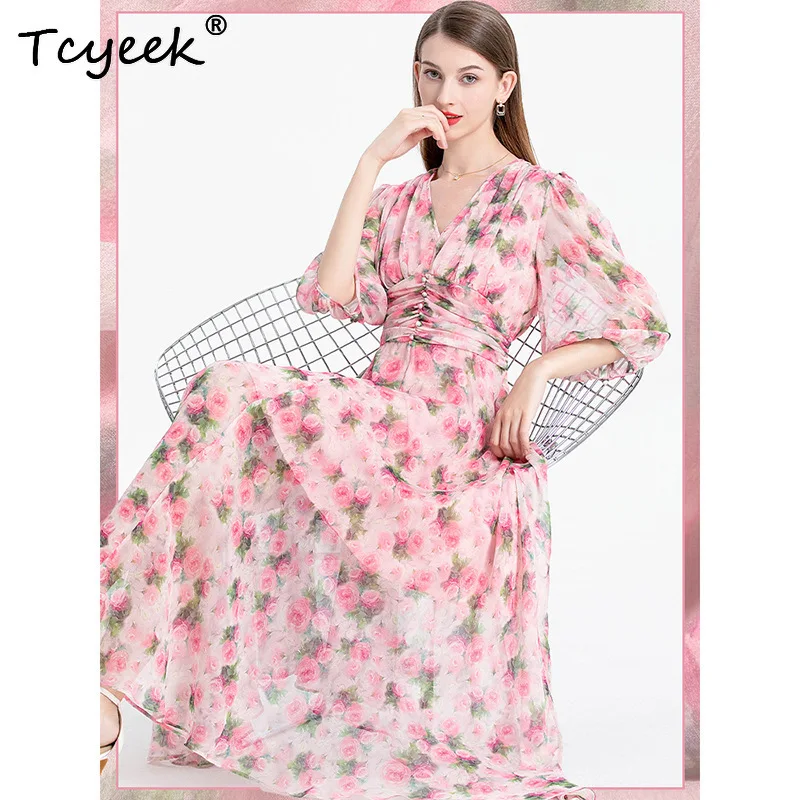 Tcyeek Abito floreale in vera seta di gelso al 100% Abiti estivi 2025 Donna francese dolce dimagrante scollo a V A-line Abito lungo nuovo 상ssi