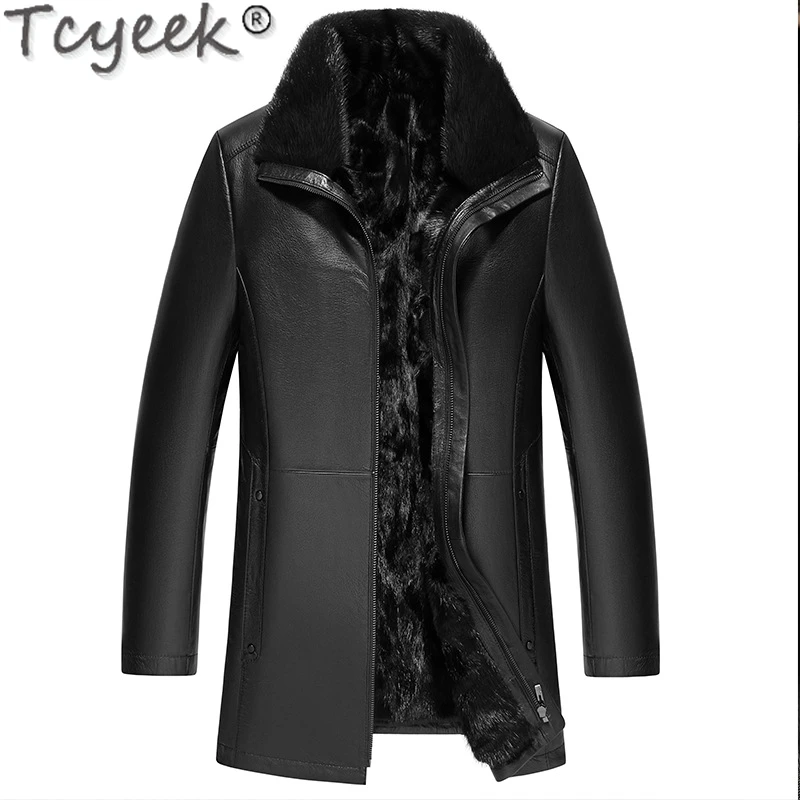 

Tcyeek Goatskin Genuine Leather Jacket Men Clothing Men's Real Fur Jacket Winter Warm Mink Fur Liner Mid-long Fashion Fur Coats