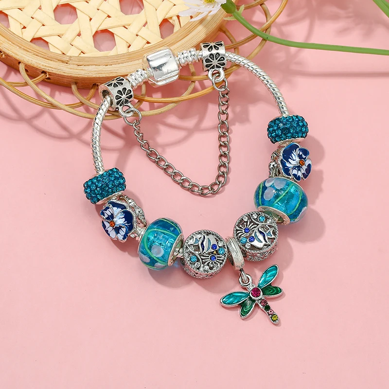 Groen Leuke Dragonfly Hanger Charm Armbanden Met Vintage Verzilverd Armband Voor Vrouwen Kinderen Meisje Sieraden Geschenken Dropshipping