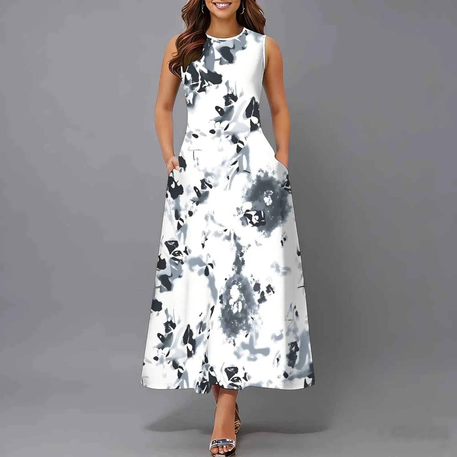 Women Sleeveless Long Maxi Dress With Pockets 3D Oil Painting Print Casual Loose Summer Vacation Party Sundress