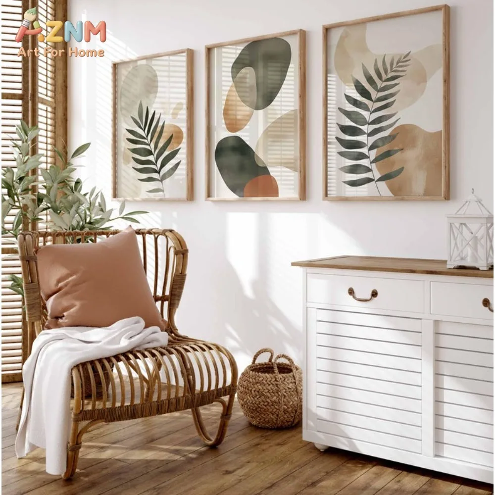 3PCS Boho Abstract Watercolor Shapes and Palm Leaf Canvas Wall Art Prints Neutral Beige Green Earthy Tone Minimalist Botanical U