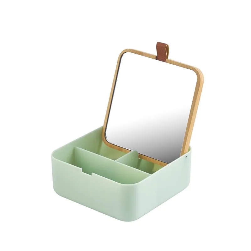 Dormitories Desktop Beauty And Makeup Mirror, Flip Bamboo Cover Storage Box With Mirrors