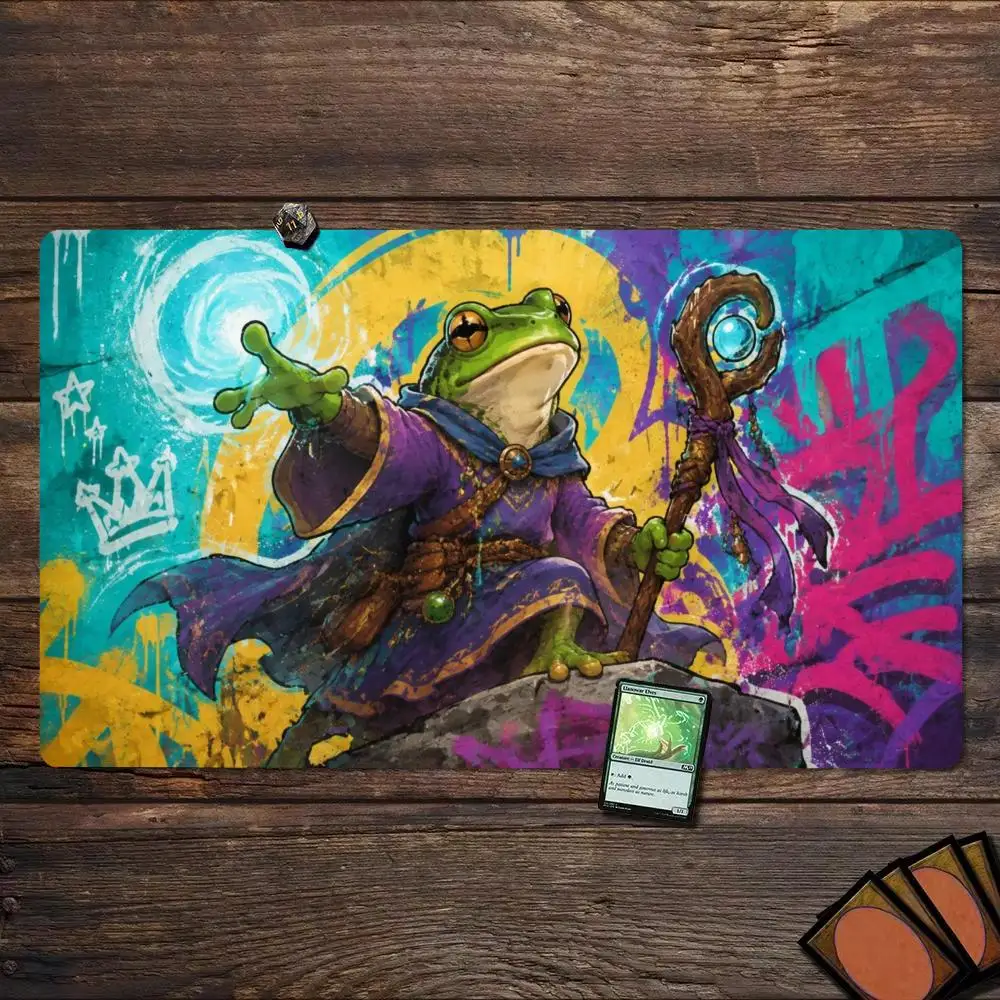 Graffiti Fantasy Frog Wizard Warrior TCG Playmat 35X60CM Magic Card Battle Mat Non-Slip Durable Stitched Edge Tabletop Playmat