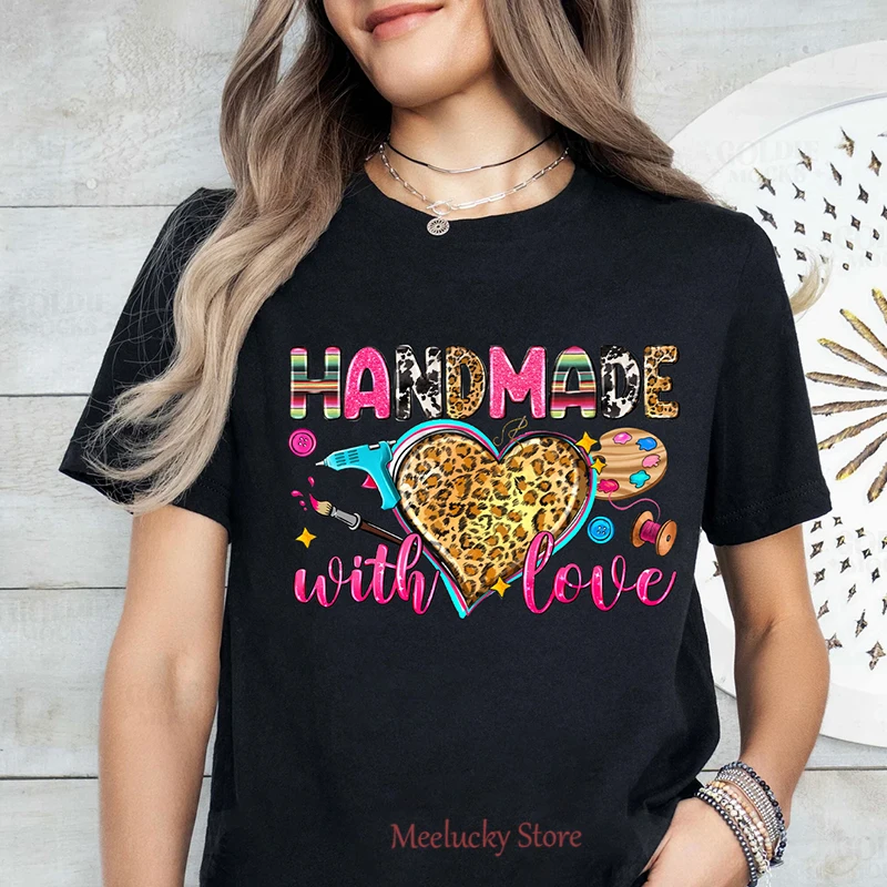 Handmade with love letter print pattern Women's Summer Refreshing and Breathable Pure Cotton Fabric Short sleeved T-shirt