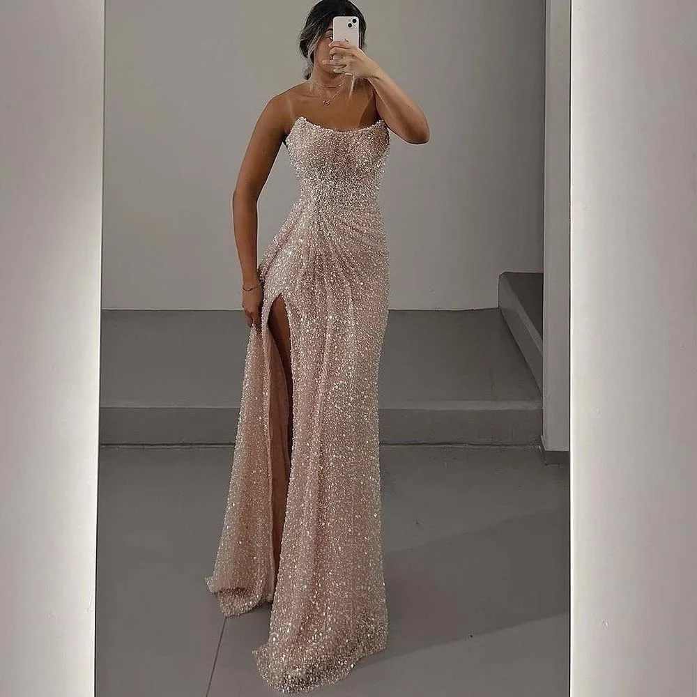 Schicke rosa Abendkleider mit Spaghettiträgern, seitlich geschlitzt, bodenlange Kleider, Abschlussballkleid für besondere Anlässe, Vestidos