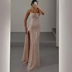 Chic Pink Spaghetti Strap Evening Dresses High Side Split Floor Length Gowns Special Occasion Event Prom Dress Vestidos