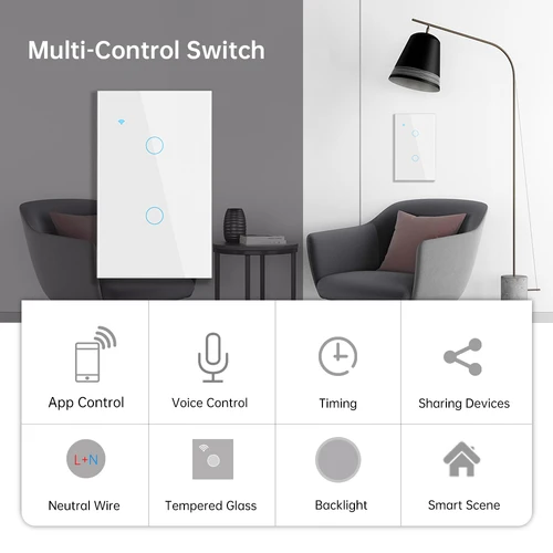 Imagen 2 del producto Tuya-interruptor inteligente con Wifi para escaleras, Panel de cristal táctil de EE. UU., interruptores de luz múltiples cruzados, 1 entrada, Control por voz bidireccional, Alexa y Google Home