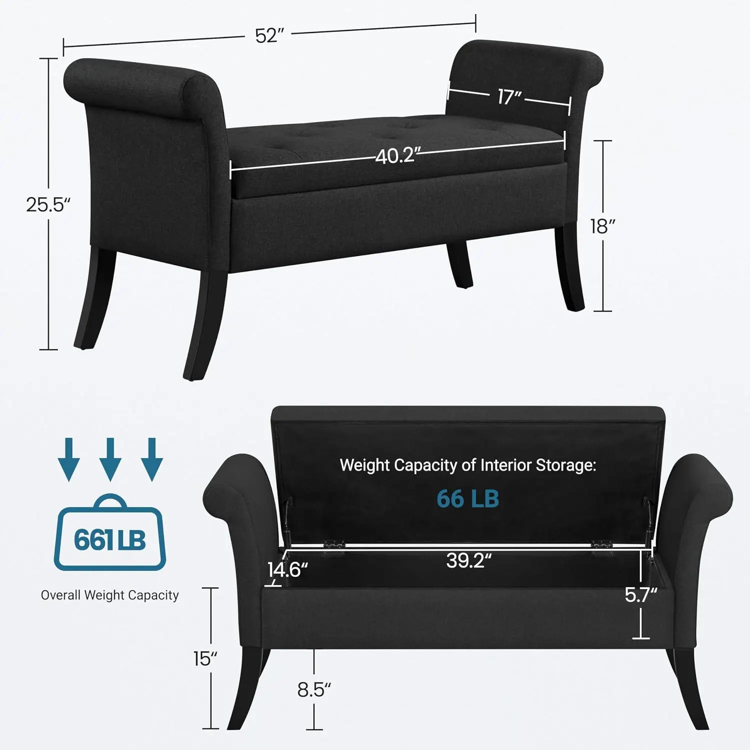 52in Storage Bench Bedroom End of Bed Rolled Arms Black, Customized
