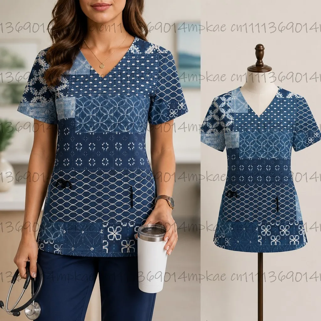 New Women's T-Shirt Patchwork Print Surgical Gown Fashion V-Neck Medical Short Sleeve with Patch Pockets Women's Top