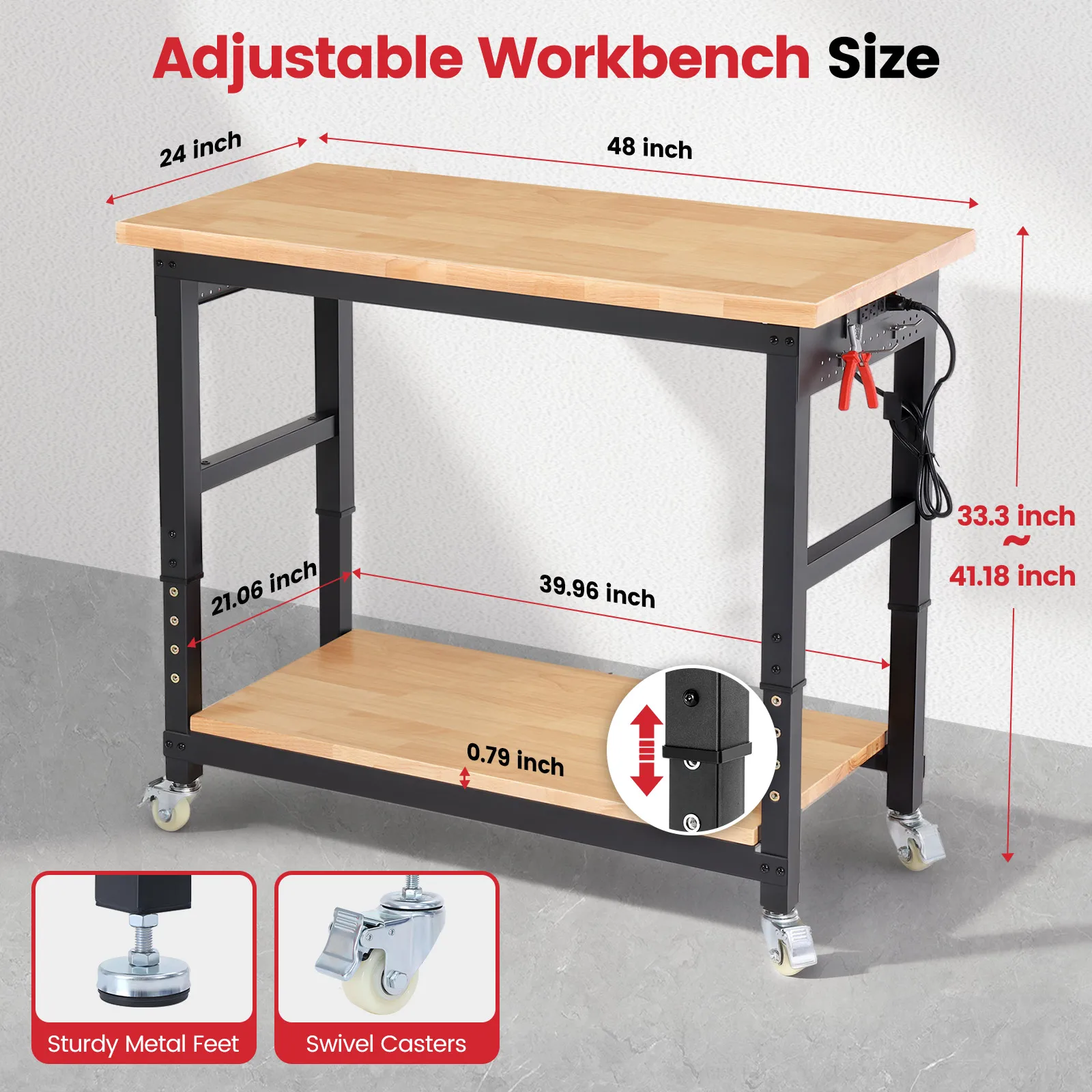 ENJOYWOOD Workbench w/ Wheels 48 Inch Adjustable Height Work Table with Under Table Shelf & Power Outlets Work Bench for Garage