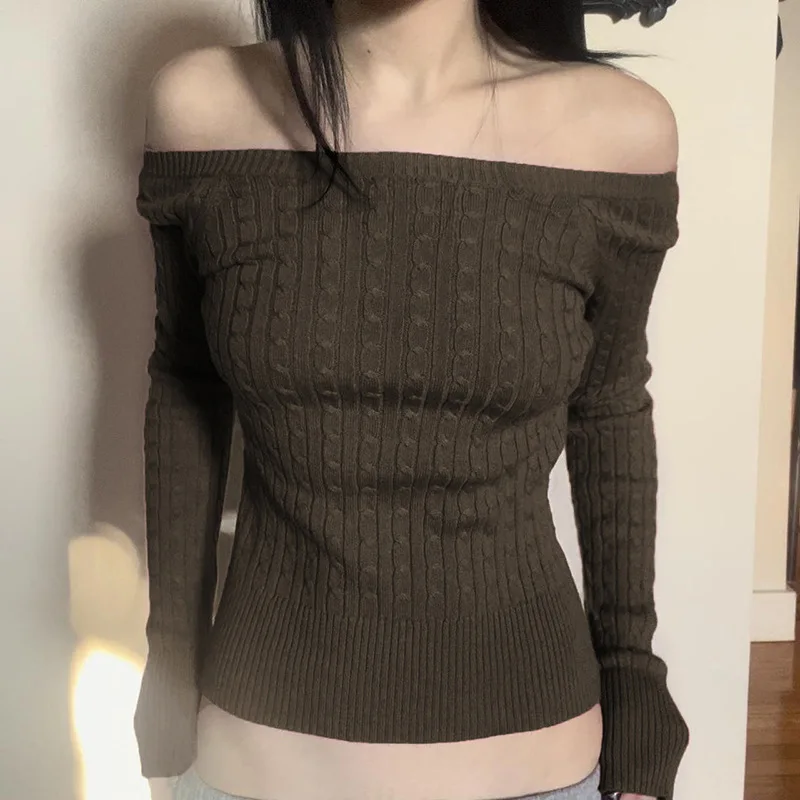 

off the shoulder sweater women clothes twist tight long sleeve pullover strapless open back elegant wool knitted slim fit jumper