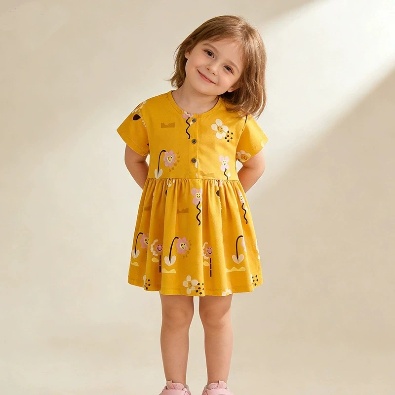 

Повседневные платья с цветочным узором для маленьких девочек, платье с цветочным принтом и короткими рукавами на пуговицах, праздничное платье на день рождения для детей от 2 до 7 лет