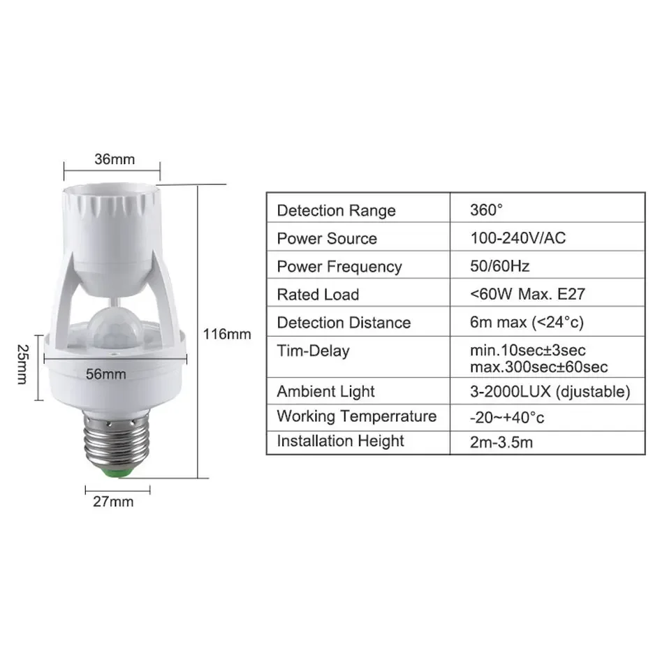 AC100-240V E27 Socket Converter 360 Degrees PIR Motion Sensor LED E27 Lamp Base Intelligent Switch Light Bulb Lamp Holder