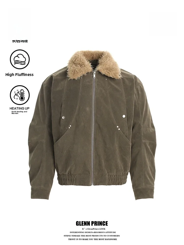 

GPstudio American Retro Suede Fur Collar Men's down Jaet Bomber Flight Loose Winter Warm Outerwear Urban Casual Sle