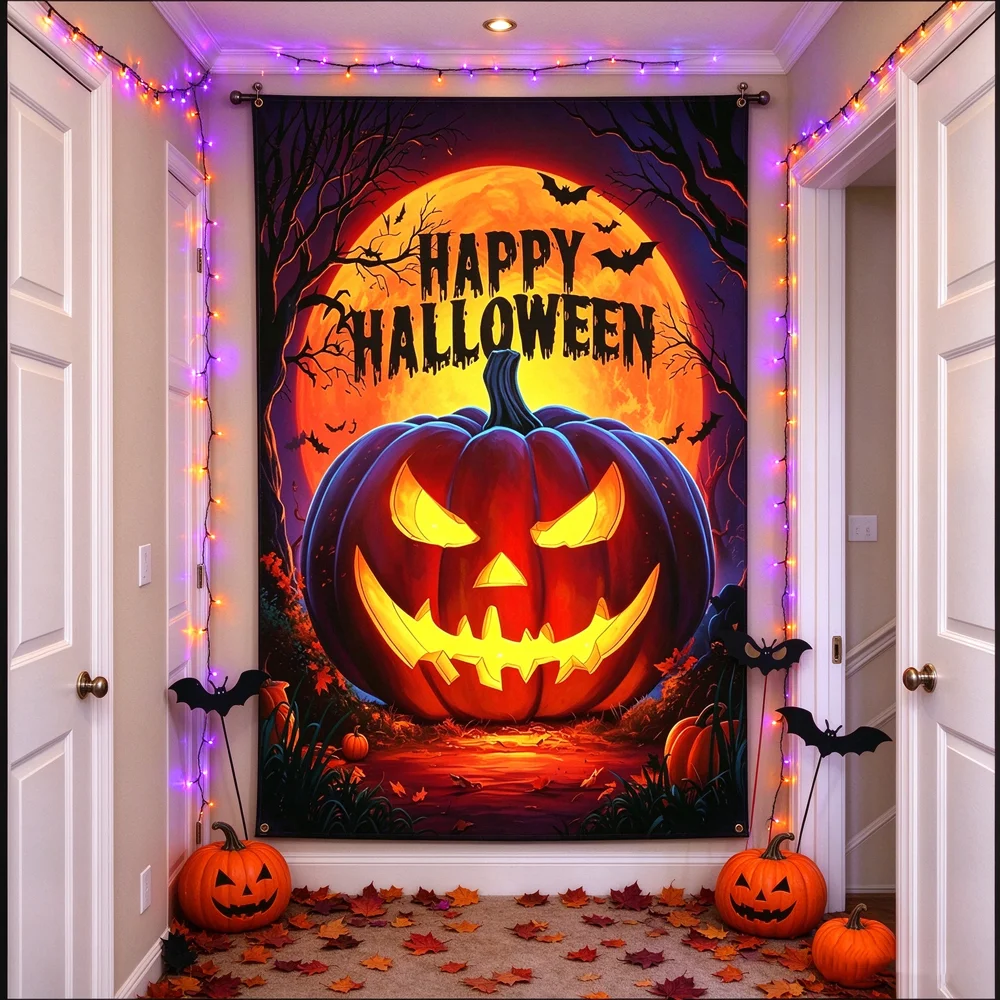 Halloween Cute Ghost Door Banner Neon Witch Ghost Hanging Flag with Grommets Home Party Wall Decor