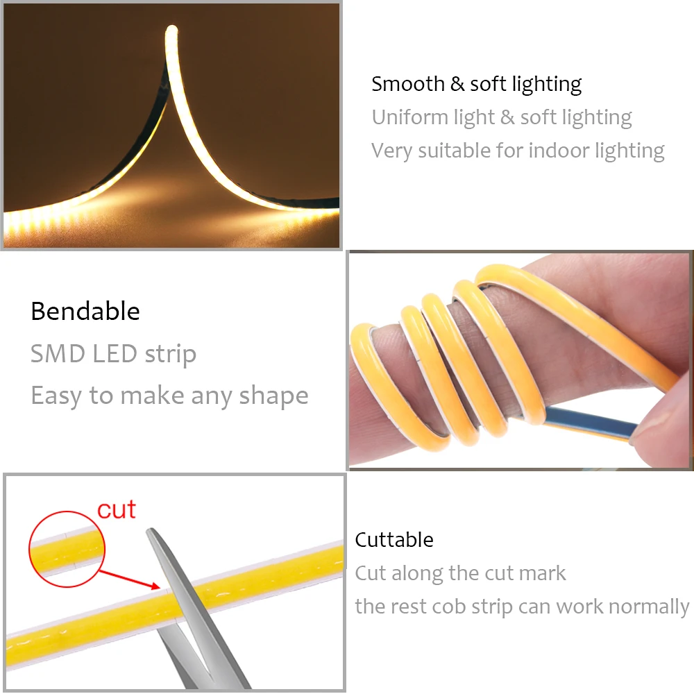 Imagem -06 - Cob Led Strip Light mm mm 12v 24v 5v Ultra Fino Brilhante 480leds por m mm Pcb Ra90 Alta Densidade Lâmpada Flexível Iluminação Linear