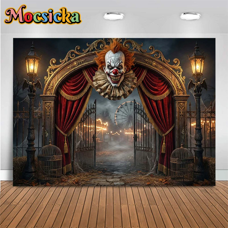 

Mocsicka Halloween Photography Backdrops Circus Decors Background Terror Joker Mask Baby Birthday Party Photo Studio Wall Poster