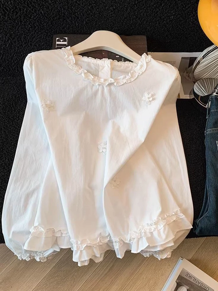 

3d Floral Ruffles Shirt Women Cute O Neck Long Sleeve Sweet Fashion Blouse Casual Female Spring Summer Chic Elegant Design Tops