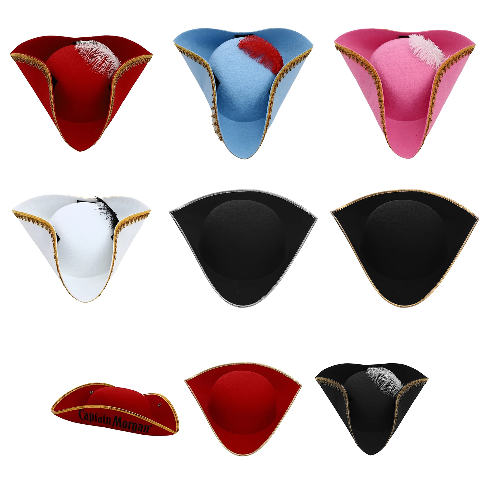 Metallic Brim Felt Colonial Style Tricorn Hat Pirate Cap Halloween Costume Carnival Masquerade Theme Party Role Play Captain Hat