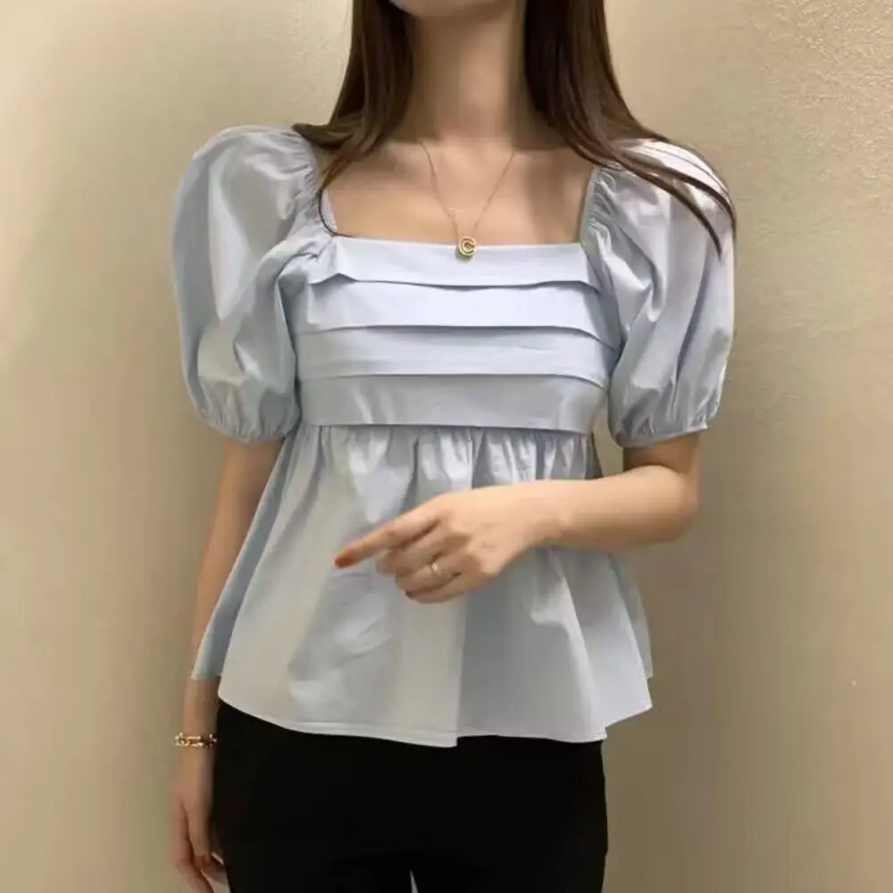 Puff Sleeves Blouse Fashion Pleated Square Collar Crop Top Tube Top A-line Shirt Blouse Womne Girl