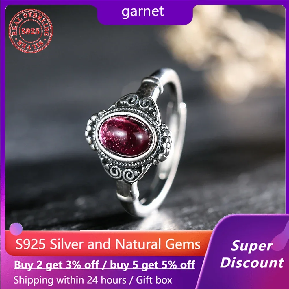 

S925 sterling silver classic retro ring inlaid with natural mineral crystal garnet women's ring wedding jewelry accessories gift