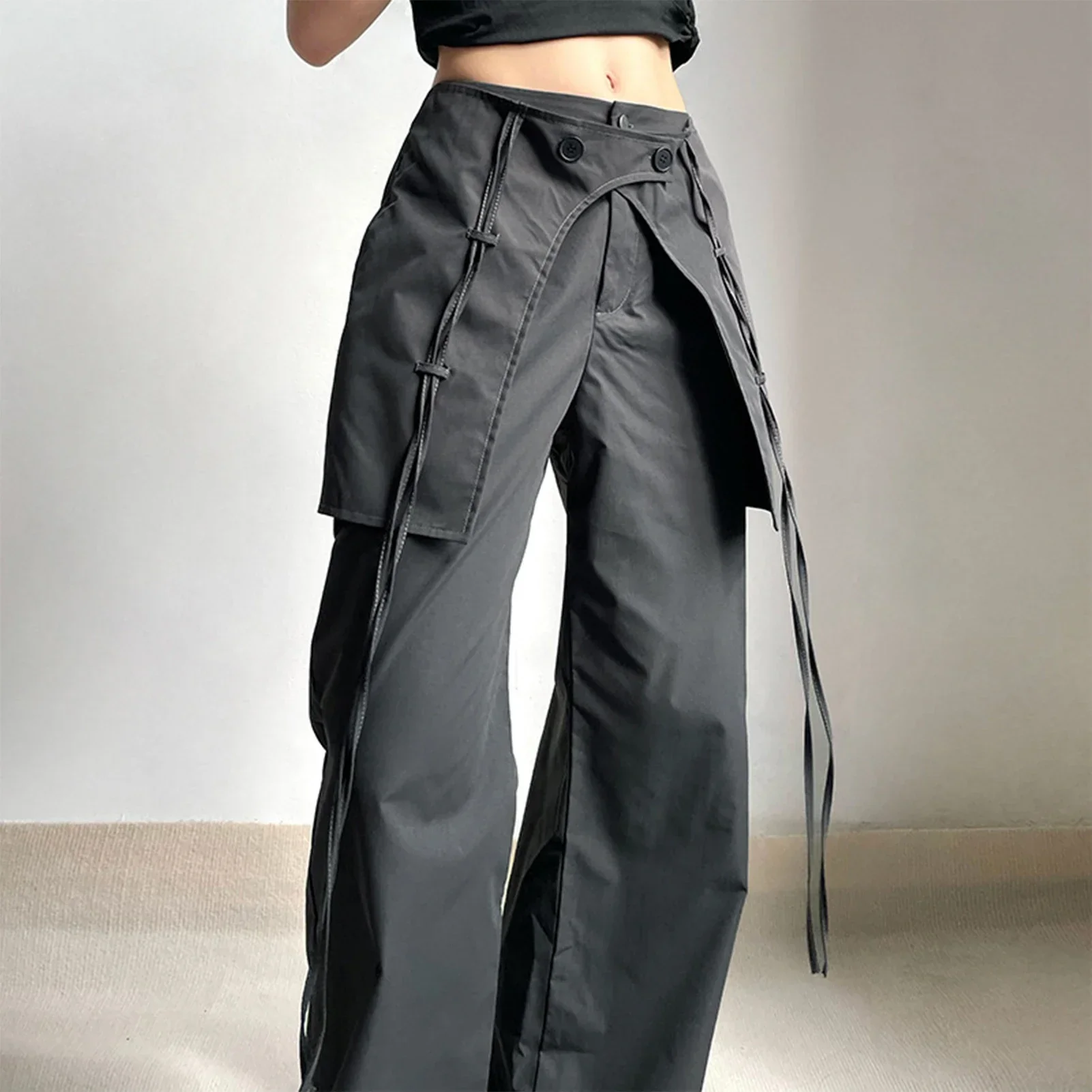 Patchwork Ribbon Hem Cargo Pants Low Waist Gray Hippie Dancer Wide Leg Pants Y2K Grunge Loose Trousers Korean Casual