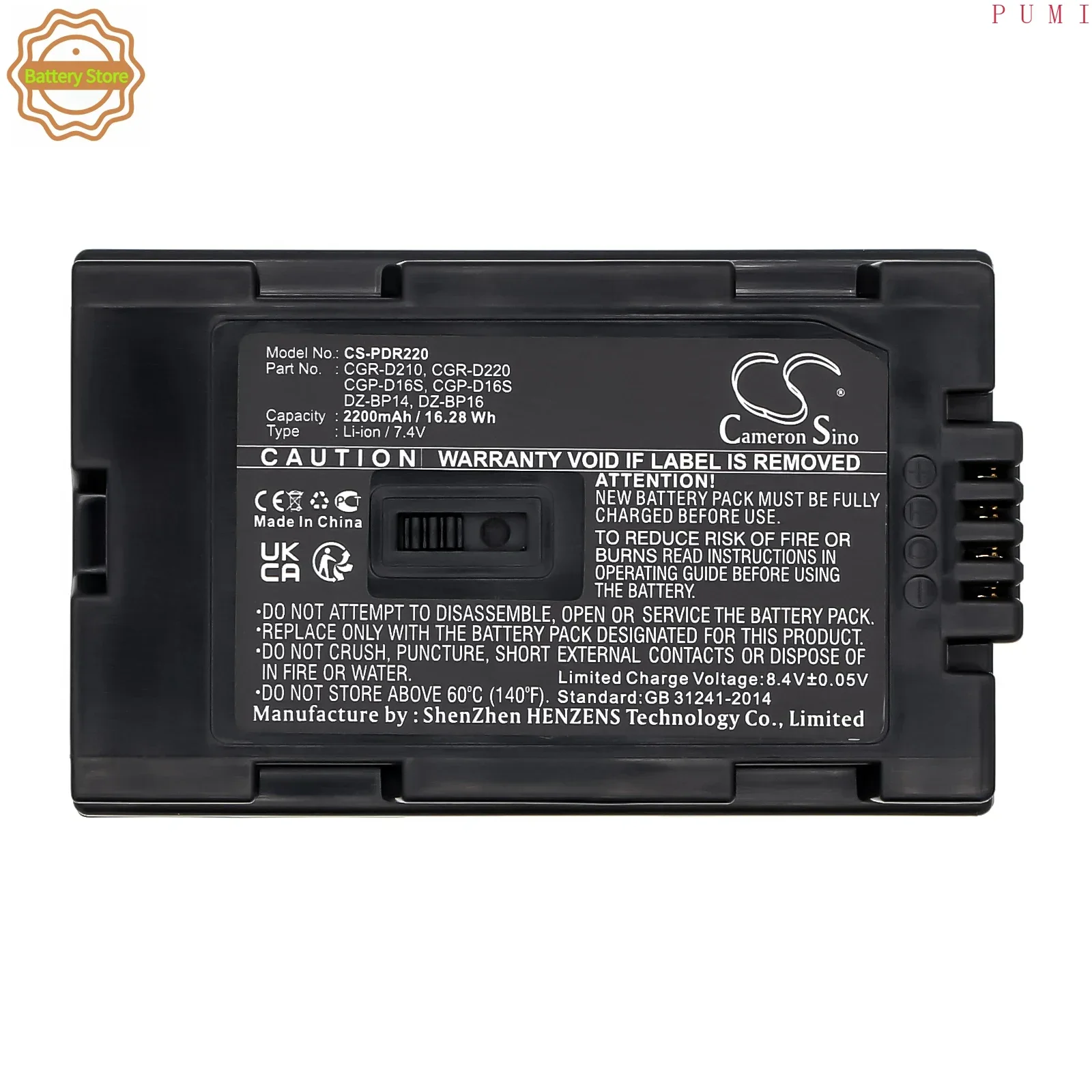 CS Replacement Battery for Panasonic AG-DVC15,AG-DVC32,AG-DVC60,AG-DVC62,AG-DVX100A,AG-DVX100B, PN:CGR-D210 2200mAh / 16.28Wh