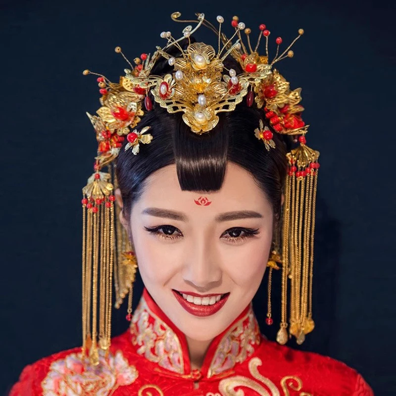 Bridal Costume Red Flowing  Headdress Phoenix Hairpins Suit Chinese Ethnic Style Wedding Xiuhe Cheongsam Hair Accessories