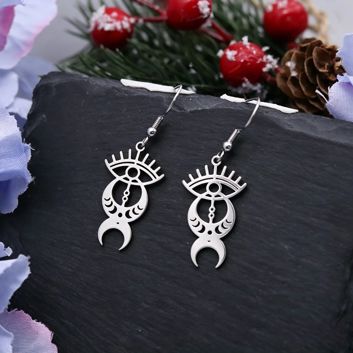 Kinitial Stainless Steel Evil Eye Triple Moon Dangle Hook Earrings Mystical Witchy Lunar Phase Drop Ear Jewelry Gift For Women