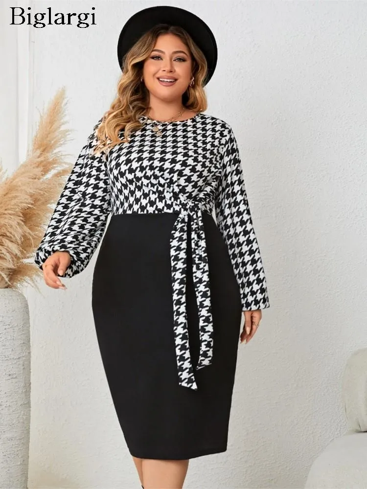 

Plus Size Autumn Houndstooth Plaid Print Patchwork Midi Dress Women Bodycon Fashion Ladies Dresses Long Sleeve Woman Dress 2023