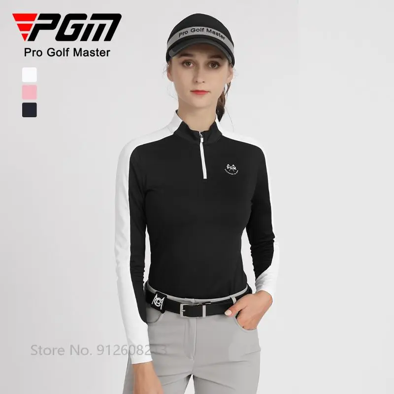 PGM Female Long-sleeved Patchwork Golf T-shirt Zipper Collar Golf Tops Elastic Warm Polo Shirts Women Slim Windproof Sportswear