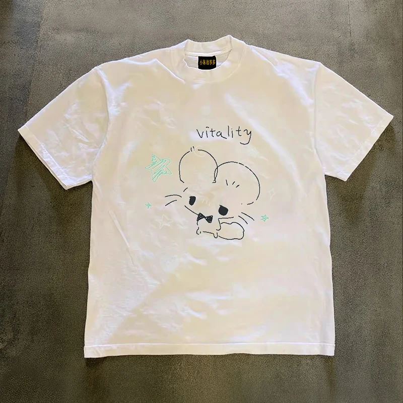 Loose Fit Cotton T-Shirt Retro Style Short Sleeve Double Thread Pure Cotton Unisex Couples Tee Casual round Neck Top